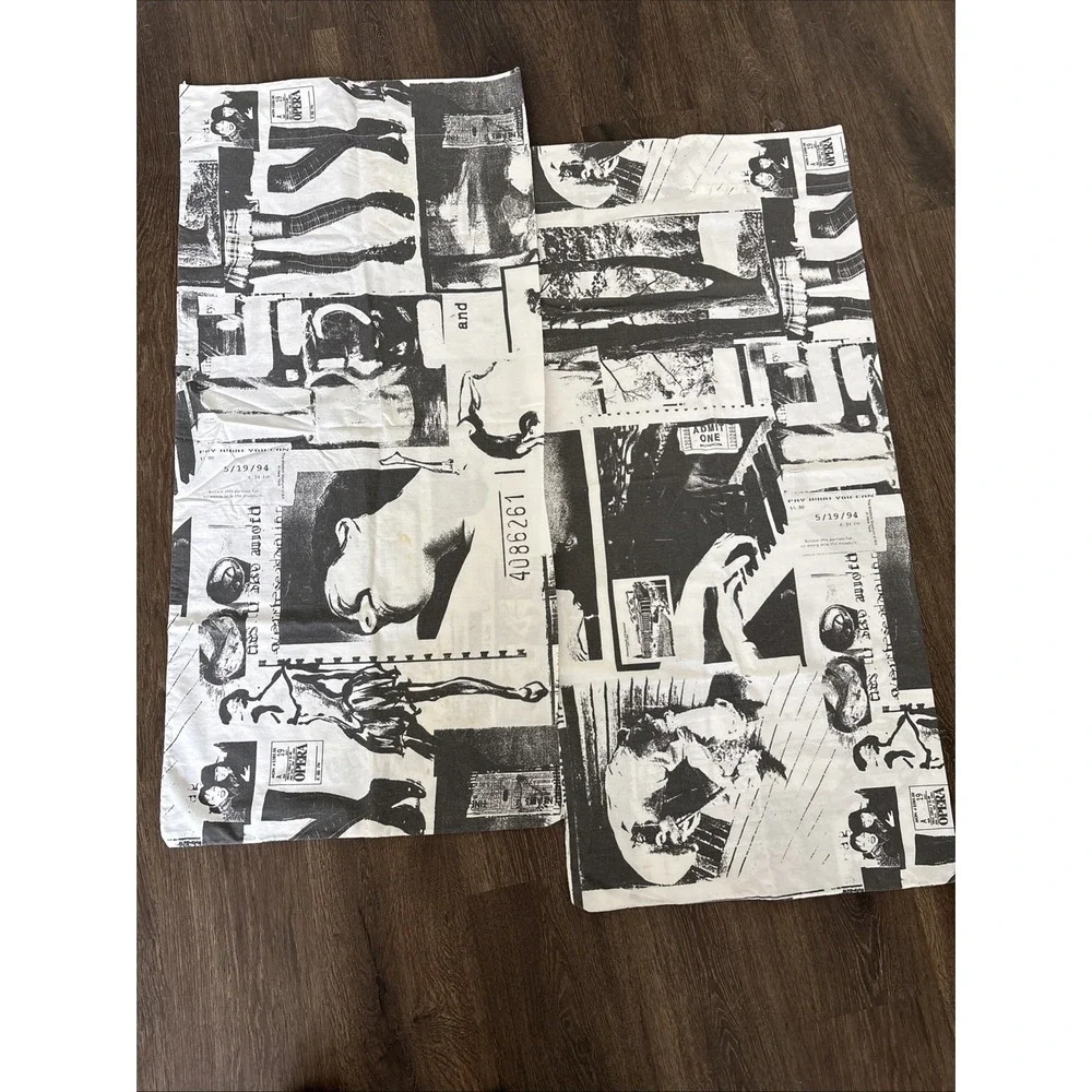 2 Vintage Ralph Lauren Black White Newspaper Print Long King Pillow Case Polo